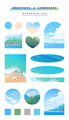 PSD 구름 물결 모래 파도 바다 섬 하늘색 스티커 일러스트 자연 하늘 풍경 해변 사람없음 여름 세트 모래사장 라벨 사각형 돌_바위 하트 원형 해수욕장 아치 감성 엘리먼트 국내일러스트 자연요소 모양 도형 계절 컨셉 프레임 파란색 생태계 파일형식