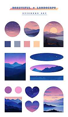 PSD 구름 바다 스티커 야경 일러스트 자연 밤하늘 하늘 산 사람없음 강 세트 태양 라벨 사각형 보라색 일몰 달 하트 원형 아치 감성 엘리먼트 국내일러스트 자연요소 모양 도형 컬러 컨셉 프레임 노을 야간 생태계 파일형식 풍경_경치