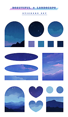 PSD 구름 스티커 야경 일러스트 자연 밤하늘 하늘 산 사람없음 파란색 세트 라벨 사각형 보라색 하트 원형 아치 감성 엘리먼트 국내일러스트 자연요소 모양 도형 컬러 컨셉 프레임 야간 생태계 파일형식 풍경_경치