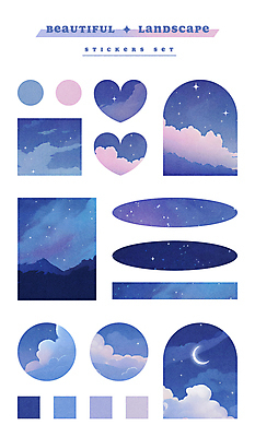 PSD 구름 스티커 야경 일러스트 자연 밤하늘 산 사람없음 파란색 세트 라벨 사각형 보라색 달 하트 원형 초승달 아치 감성 엘리먼트 국내일러스트 자연요소 모양 도형 컬러 컨셉 하늘 프레임 야간 생태계 파일형식 풍경_경치