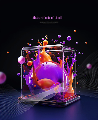 PSD 편집이미지 추상 사람없음 사각형 보라색 물방울 원형 액체 큐브 입체 오브젝트 액체표현 튀는물 이미지편집 도형 컬러 무늬 순간포착 스플래쉬 파일형식