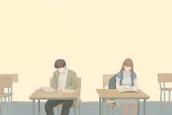 JPG 여학생 여자 남자 종이 남학생 의자 가방 일러스트 교실 학교 청소년 앉기 상반신 두명 책 학습 노란색 스쿨라이프 집중 책상 자습 십대만 국내일러스트 AI일러스트 AI콘텐츠 학생 라이프스타일 잡화 교육 컬러 가구 컨셉 모션 사람 파일형식