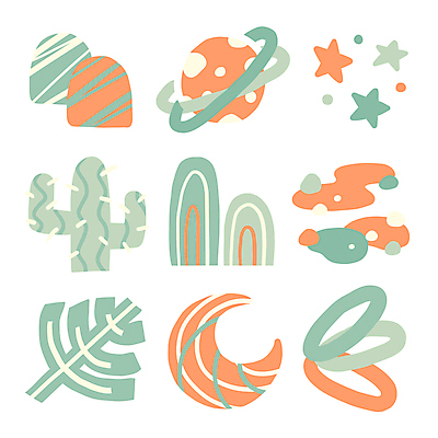 문양 별 스티커 잎 무늬 일러스트 추상 선인장 사람없음 세트 컬러풀 라벨 우주 행성 달 원형 고리 오브젝트 심플 다홍색 민트색 엘리먼트 미니멀 국내일러스트 AI파일 자연요소 도형 식물 컬러 프레임 파일형식 벡터
