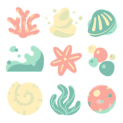 문양 파도 분홍색 스티커 무늬 일러스트 추상 조개 불가사리 사람없음 세트 컬러풀 노란색 라벨 해초 산호초 오브젝트 심플 민트색 엘리먼트 미니멀 국내일러스트 AI파일 바다 컬러 어패류 극피동물 프레임 수중식물 해조류 파일형식 벡터
