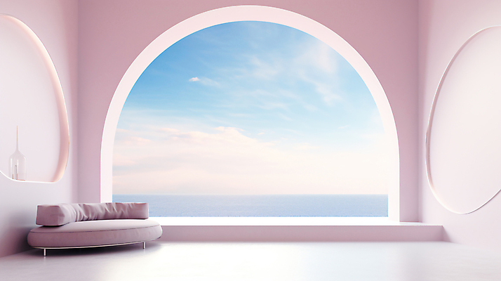 JPG 구름 편집이미지 창문 하늘 실내 사람없음 인테리어 소파 공간 아치 심플 연보라색 편집실사 AI포토 AI콘텐츠 자연요소 디자인 의자 내부 보라색 CG 파일형식