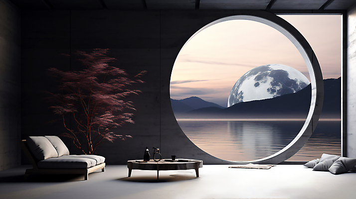 JPG 나무 편집이미지 호수 쿠션 창문 탁자 산 실내 사람없음 인테리어 소파 공간 달 모던 편집실사 AI포토 AI콘텐츠 자연요소 식물 디자인 가구 의자 내부 CG 파일형식