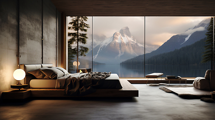 JPG 나무 편집이미지 호수 창문 산 실내 사람없음 인테리어 소파 갈색 카펫 공간 침대 수면등 편집실사 AI포토 AI콘텐츠 식물 디자인 컬러 가구 의자 조명 내부 CG 파일형식