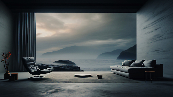 JPG 편집이미지 화분 의자 창문 하늘 실내 사람없음 인테리어 소파 어둠 공간 남색 편집실사 AI포토 AI콘텐츠 디자인 컬러 가구 내부 CG 파일형식