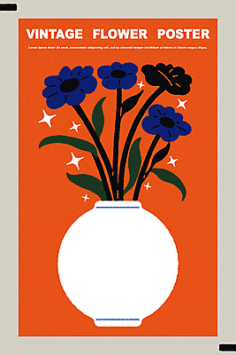 식물 꽃 포스터 화분 일러스트 사람없음 그래픽 꽃병 빈티지 팬시 미니멀 주황색배경 국내일러스트 AI파일 백그라운드 컨셉 주황색 파일형식 벡터