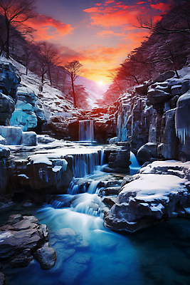 JPG 백그라운드 겨울 일러스트 자연 풍경 사람없음 노을 절벽 폭포 돌_바위 눈 국내일러스트 AI일러스트 AI콘텐츠 자연요소 계절 날씨 생태계 파일형식