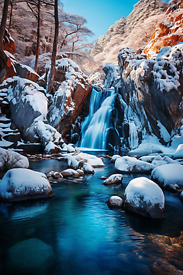 JPG 나무 백그라운드 겨울 일러스트 자연 풍경 사람없음 폭포 돌_바위 눈 국내일러스트 AI일러스트 AI콘텐츠 자연요소 식물 계절 날씨 생태계 파일형식