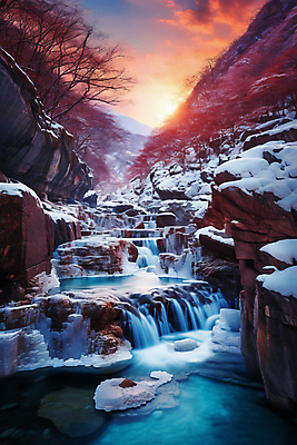 JPG 백그라운드 겨울 일러스트 자연 산 풍경 사람없음 노을 폭포 돌_바위 눈 국내일러스트 AI일러스트 AI콘텐츠 자연요소 계절 날씨 생태계 파일형식