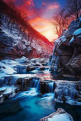 JPG 백그라운드 겨울 일러스트 자연 산 풍경 사람없음 노을 폭포 돌_바위 눈 국내일러스트 AI일러스트 AI콘텐츠 자연요소 계절 날씨 생태계 파일형식