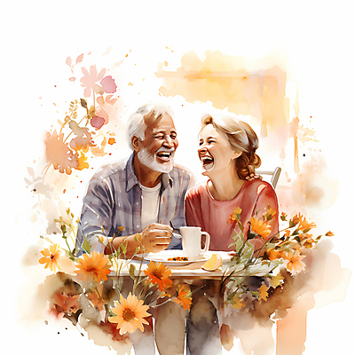 JPG 여자 할아버지 노년 남자 꽃 행복 할머니 일러스트 탁자 미소 웃음 두명 노부부 노인만 국내일러스트 AI일러스트 AI콘텐츠 식물 부부 감정 가구 표정 사람 성인 성인만 파일형식