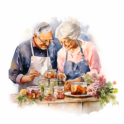 JPG 무료이미지 여자 할아버지 노년 남자 행복 할머니 일러스트 유리병 요리 미소 웃음 두명 노부부 앞치마 노인만 국내일러스트 AI일러스트 AI콘텐츠 부부 감정 병_용기 표정 사람 성인 성인만 파일형식