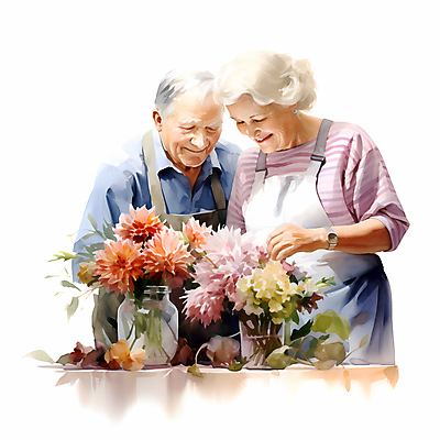 JPG 여자 할아버지 노년 남자 꽃 행복 할머니 일러스트 미소 웃음 두명 꽃병 노부부 앞치마 꽃꽂이 노인만 국내일러스트 AI일러스트 AI콘텐츠 식물 부부 감정 표정 사람 성인 원예 성인만 파일형식