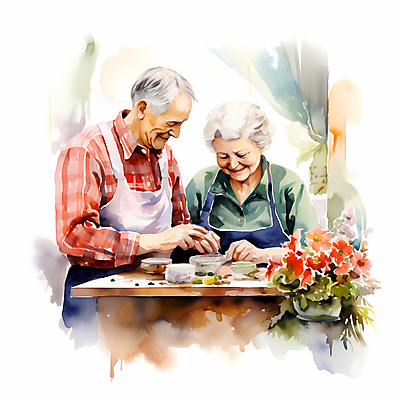 JPG 여자 할아버지 노년 남자 꽃 행복 할머니 일러스트 미소 웃음 두명 노부부 앞치마 노인만 국내일러스트 AI일러스트 AI콘텐츠 식물 부부 감정 표정 사람 성인 성인만 파일형식