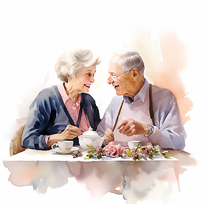 JPG 여자 할아버지 노년 남자 꽃 행복 할머니 일러스트 탁자 미소 웃음 두명 마주보기 노부부 찻잔 찻주전자 노인만 국내일러스트 AI일러스트 AI콘텐츠 식물 부부 감정 가구 모션 주전자 잔 표정 사람 성인 성인만 파일형식