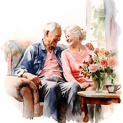 JPG 여자 할아버지 노년 남자 행복 할머니 일러스트 탁자 미소 웃음 두명 소파 마주보기 꽃병 노부부 노인만 어깨에손 국내일러스트 AI일러스트 AI콘텐츠 부부 꽃 감정 가구 의자 모션 표정 사람 성인 성인만 파일형식
