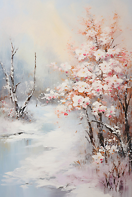 JPG 나무 꽃 백그라운드 설경 겨울 일러스트 자연 풍경 사람없음 설원 눈 유화 국내일러스트 AI일러스트 AI콘텐츠 자연요소 식물 계절 날씨 눈_날씨 미술 생태계 파일형식