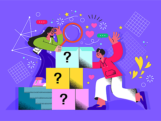 전신 여자 남자 일러스트 돋보기 들기 성인 두명 상자 손들기 계단 물음표 하트 즐거움 격자 성인만 랜덤박스 도파민 도파밍 국내일러스트 AI파일 모양 기호 감정 무늬 모션 선물 사람 신조어 파일형식 벡터 2024트렌드