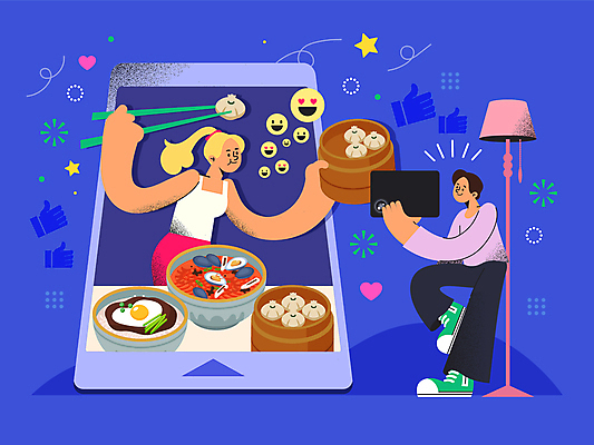 전신 여자 남자 일러스트 젓가락 조명 들기 상반신 성인 두명 파란색 스마트폰 태블릿 하트 짜장면 즐거움 만두 짬뽕 이모티콘 대나무찜기 성인만 크리에이터 먹방 도파민 도파밍 국내일러스트 AI파일 모양 직업 감정 음식 컬러 모션 수저 사람 전자제품 핸드폰 스마트기기 중식 방송 신조어 찜기 파일형식 벡터 1인미디어 2024트렌드