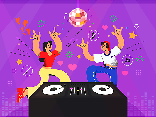 전신 여자 남자 별 음표 일러스트 성인 두명 반짝임 보라색 하트 춤 즐거움 클럽 미러볼 디제잉 성인만 도파민 도파밍 국내일러스트 AI파일 자연요소 모양 기호 감정 음악 컬러 모션 문화예술 사람 장식 신조어 파일형식 벡터 2024트렌드