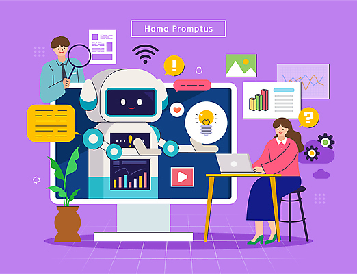 전신 여자 남자 화분 말풍선 일러스트 전구 돋보기 들기 앉기 상반신 성인 두명 노트북 컴퓨터 자료 정보 타이핑 로봇 톱니바퀴 파일 성인만 AI_인공지능 호모프롬프트 2024트렌드 국내일러스트 AI파일 모션 사람 전자제품 유행 신조어 파일형식 벡터 2024년