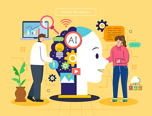 전신 여자 남자 화분 말풍선 일러스트 전구 돋보기 그래프 성인 두명 노트북 자료 정보 로봇 톱니바퀴 이미지 재생 채팅 성인만 채팅봇 AI_인공지능 호모프롬프트 2024트렌드 국내일러스트 AI파일 사람 전자제품 유행 신조어 파일형식 벡터 2024년