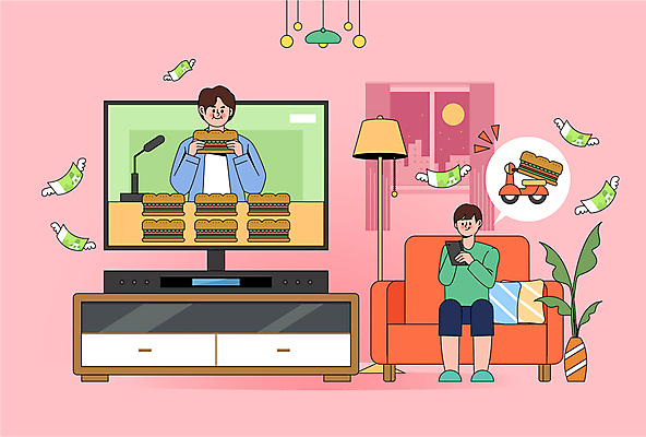 전신 남자 분홍색 지폐 일러스트 주택 샌드위치 들기 앉기 상반신 성인 두명 소파 텔레비전 오토바이 티비시청 주문 성인남자만 인터넷방송 인플루언서 먹방 배달어플 거실장 2024트렌드 디토소비 국내일러스트 AI파일 음식 컬러 가구 돈 의자 모션 사람 건물 전자제품 유행 바이크 방송 신조어 시청_보고들음 남자만 성인만 파일형식 벡터 2024년 1인미디어 유명인