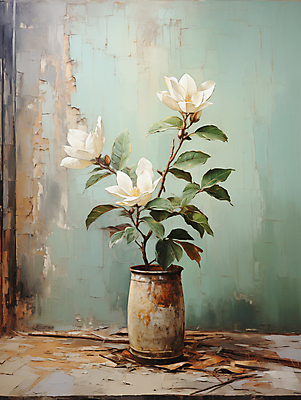 JPG 편집이미지 백그라운드 잎 페인팅 붓터치 사람없음 꽃병 디지털합성 목련 유화 편집소스 이미지편집 편집실사 식물 꽃 미술 CG 파일형식