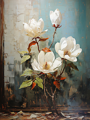 JPG 편집이미지 백그라운드 잎 페인팅 붓터치 사람없음 디지털합성 목련 유화 편집소스 이미지편집 편집실사 식물 꽃 미술 CG 파일형식