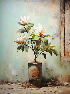 JPG 편집이미지 백그라운드 잎 페인팅 붓터치 사람없음 꽃병 디지털합성 목련 유화 편집소스 이미지편집 편집실사 식물 꽃 미술 CG 파일형식