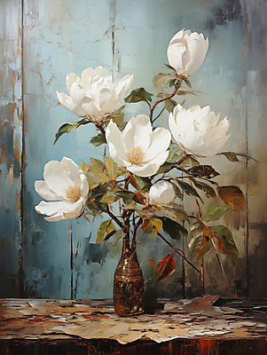 JPG 편집이미지 백그라운드 잎 페인팅 붓터치 사람없음 꽃병 디지털합성 목련 유화 편집소스 이미지편집 편집실사 식물 꽃 미술 CG 파일형식