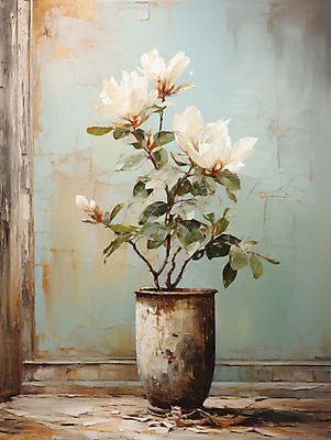 JPG 편집이미지 백그라운드 잎 페인팅 붓터치 사람없음 꽃병 디지털합성 목련 유화 편집소스 이미지편집 편집실사 식물 꽃 미술 CG 파일형식