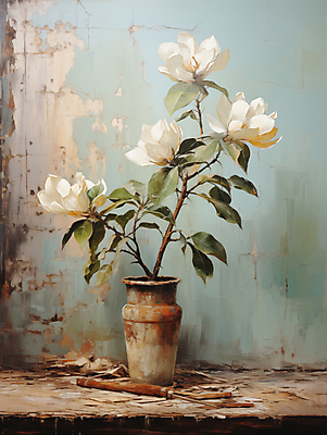 JPG 편집이미지 백그라운드 잎 페인팅 붓터치 사람없음 꽃병 디지털합성 목련 유화 편집소스 이미지편집 편집실사 식물 꽃 미술 CG 파일형식