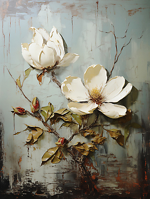 JPG 편집이미지 백그라운드 잎 페인팅 붓터치 사람없음 디지털합성 목련 유화 편집소스 이미지편집 편집실사 식물 꽃 미술 CG 파일형식