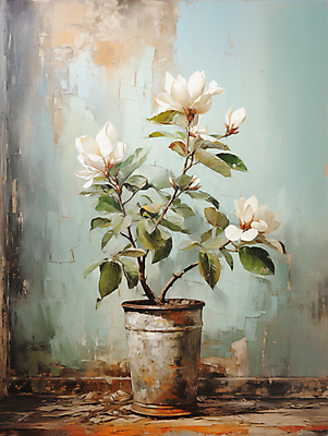 JPG 편집이미지 백그라운드 잎 페인팅 붓터치 사람없음 꽃병 디지털합성 목련 유화 편집소스 이미지편집 편집실사 식물 꽃 미술 CG 파일형식