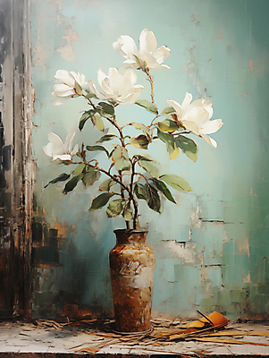 JPG 편집이미지 백그라운드 잎 페인팅 붓터치 사람없음 꽃병 디지털합성 목련 유화 편집소스 이미지편집 편집실사 식물 꽃 미술 CG 파일형식