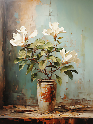 JPG 편집이미지 백그라운드 잎 페인팅 붓터치 사람없음 꽃병 디지털합성 목련 유화 편집소스 이미지편집 편집실사 식물 꽃 미술 CG 파일형식