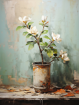 JPG 편집이미지 백그라운드 잎 페인팅 붓터치 사람없음 꽃병 디지털합성 목련 유화 편집소스 이미지편집 편집실사 식물 꽃 미술 CG 파일형식