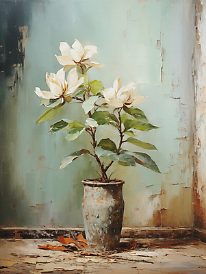 JPG 편집이미지 백그라운드 잎 페인팅 붓터치 사람없음 꽃병 디지털합성 목련 유화 편집소스 이미지편집 편집실사 식물 꽃 미술 CG 파일형식