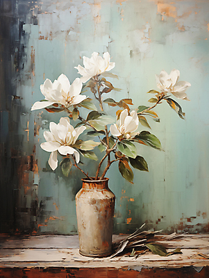 JPG 편집이미지 백그라운드 잎 페인팅 붓터치 사람없음 꽃병 디지털합성 목련 유화 편집소스 이미지편집 편집실사 식물 꽃 미술 CG 파일형식