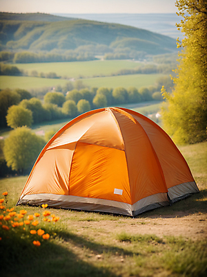 JPG 나무 편집이미지 꽃 자연 산 텐트 풍경 잔디 초원 사람없음 주황색 봄 캠핑 디지털합성 편집소스 편집실사 AI포토 AI콘텐츠 식물 계절 컬러 레저 캠핑도구 CG 생태계 파일형식