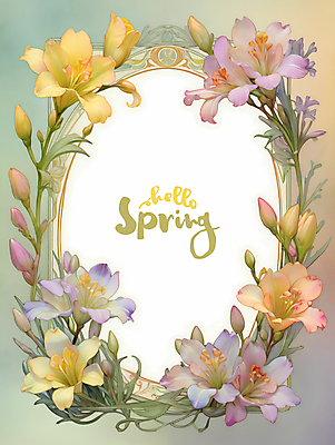 PSD 영어 잎 일러스트 봄꽃 프레임 타이포그라피 사람없음 봄 디지털합성 타원형 프리지어 편집소스 국내일러스트 식물 문자 계절 꽃 원형 파일형식