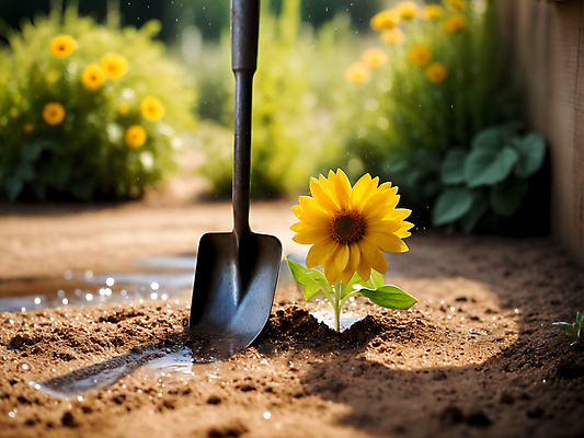 JPG 편집이미지 꽃 해바라기 사람없음 물 정원 흙 봄 모종삽 디지털합성 편집소스 홈가드닝 편집실사 AI포토 AI콘텐츠 자연요소 식물 계절 삽 CG 원예 파일형식