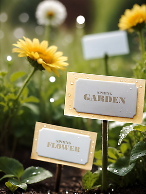 PSD 편집이미지 사람없음 정원 흙 봄 팻말 수분 민들레 이름표 디지털합성 편집소스 홈가드닝 이미지편집 식물 계절 꽃 프레임 원예 파일형식