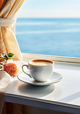 JPG 편집이미지 여유 커피 바다 휴식 풍경 사람없음 장미 커튼 커피잔 창가 블러효과 편집실사 AI포토 AI콘텐츠 꽃 감정 음료 컨셉 창문 잔 CG 블러 파일형식 효과