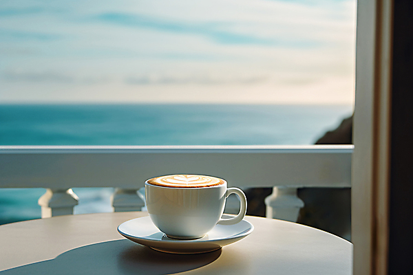 JPG 편집이미지 여유 커피 바다 탁자 휴식 풍경 사람없음 커피잔 블러효과 카페테라스 편집실사 AI포토 AI콘텐츠 감정 음료 가구 컨셉 잔 카페 CG 블러 파일형식 효과