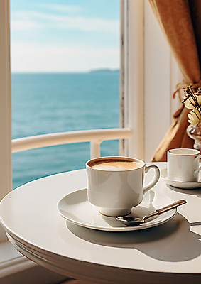 JPG 편집이미지 여유 커피 바다 탁자 휴식 풍경 사람없음 커피잔 블러효과 카페테라스 편집실사 AI포토 AI콘텐츠 감정 음료 가구 컨셉 잔 카페 CG 블러 파일형식 효과